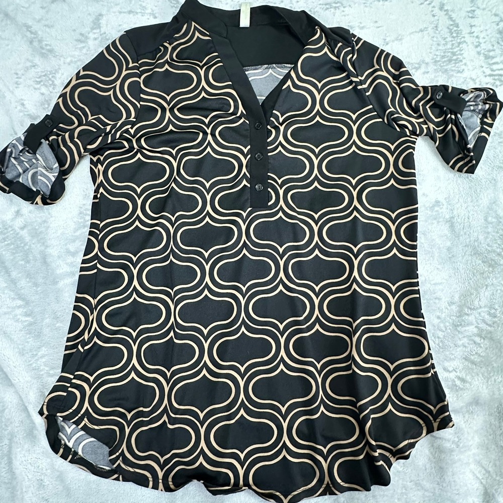 PerSeption Concept Tunic Blouse Womens Large Black Tan Geometric Roll-Tab RA184 - Picture 6 of 10